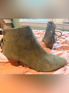 Tahari Olive Suede Ankle Booties with Block Heel